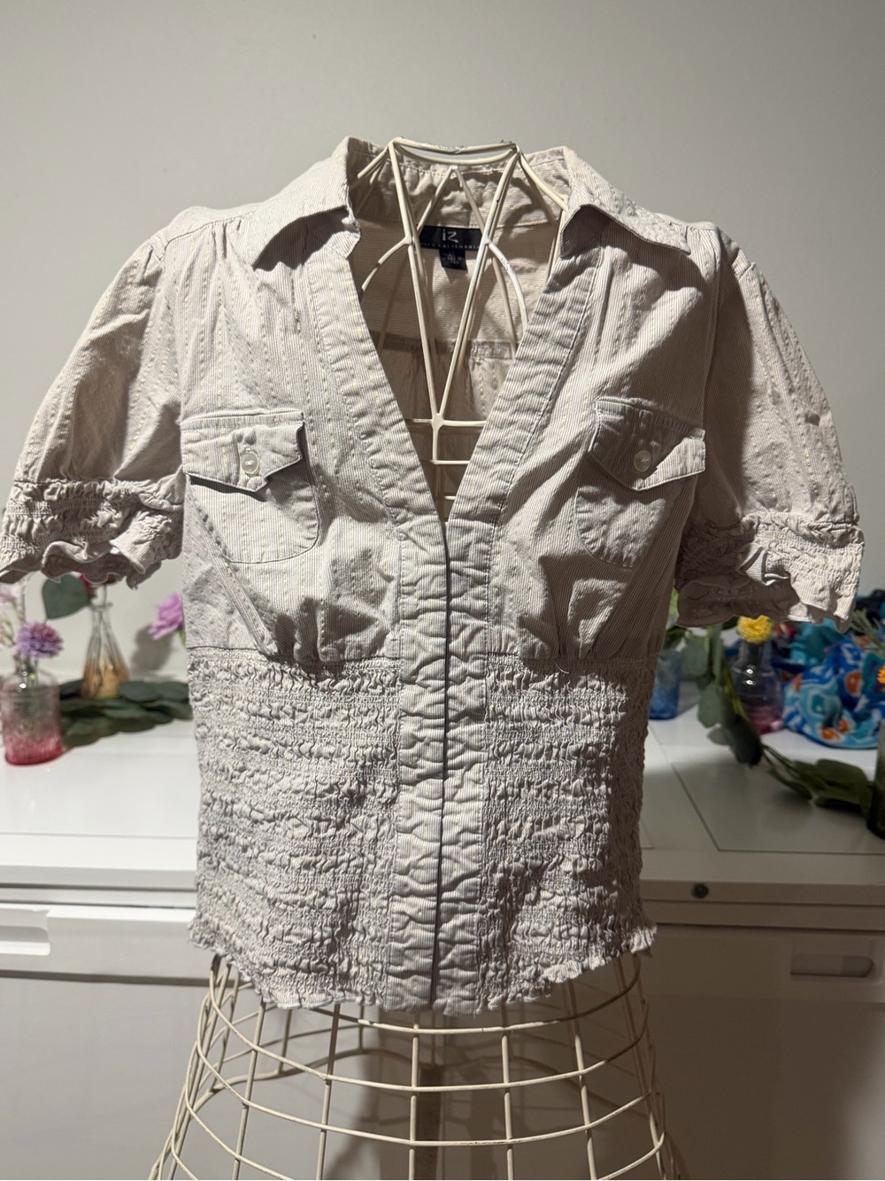 Iz Byer Cream Smocked Button-Front Collared Top